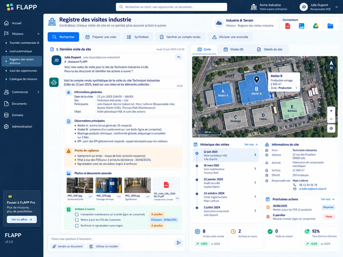 Écran détaillé de la Mission Registre des visites industrie